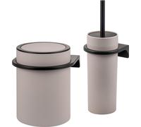 Ensemble de salle de bain bremermann, 2 pièces, modèle SAVONA Softtouch, comprenant : porte-savon, support mural, pot à cosmétiques et porte-brosse WC, forme ronde - couleur taupe. ( B)