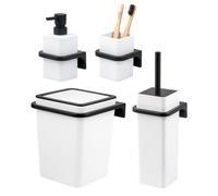 Ensemble de salle de bain bremermann SAVONA 4 pièces comprenant un distributeur de savon, un gobelet, une poubelle cosmétique de 6 litres et une brosse WC, en plastique blanc.