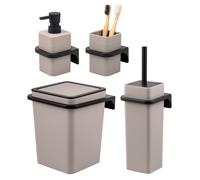 Ensemble de salle de bain bremermann SAVONA 4 pièces comprenant un distributeur de savon, un gobelet, une poubelle de 6 litres et une brosse WC, en plastique taupe.