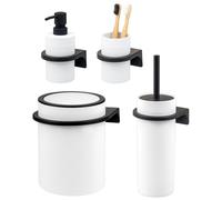 Ensemble de salle de bain bremermann SAVONA 4 pièces comprenant un distributeur de savon, un gobelet, une poubelle cosmétique de 5,5 litres et une brosse WC, en plastique blanc.