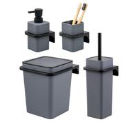 Ensemble de salle de bain bremermann SAVONA 4 pièces comprenant un distributeur de savon, un gobelet, une poubelle de 6 litres et une brosse WC, en plastique gris.