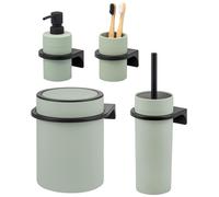 Ensemble de salle de bain bremermann SAVONA, 4 pièces, comprenant un distributeur de savon, un gobelet, un seau à cosmétiques de 5,5 litres et un ensemble de toilette en plastique, de couleur vert sau