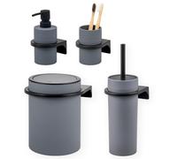Ensemble de salle de bain bremermann SAVONA 4 pièces comprenant un distributeur de savon, un gobelet, une poubelle cosmétique de 5,5 litres et une brosse WC, en plastique gris.