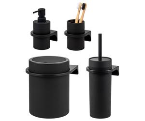 Ensemble de salle de bain bremermann SAVONA 4 pièces comprenant un distributeur de savon, un gobelet, une poubelle cosmétique de 5,5 litres et une brosse WC, en plastique noir.