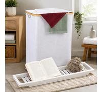 Ensemble de salle de bain compact (2 pièces) – Panier de 105 litres avec couvercle et étagère de salle de bain en bambou laqué blanc