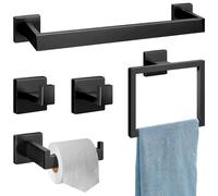 Ensemble de salle de bain composé de 5 pièces, porte-serviettes sans perçage, en acier inoxydable, de couleur noire