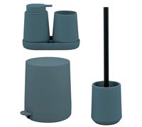 Ensemble de salle de bain eluno TESERO 5 pièces comprenant un distributeur de savon, un gobelet, un bol, une poubelle cosmétique de 4 litres et une brosse WC, en plastique bleu.