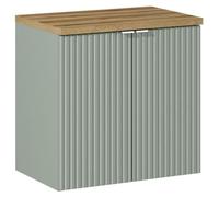 Ensemble de salle de bain ELVINA 60cm : meuble sous vasque à placards vert sauge gris + plan pour vasque aspect bois foncé