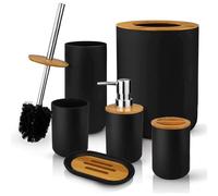 Ensemble de salle de bain en 6 pièces - Bois de bambou et plastique PP - Noir - Comprend une poubelle, un porte-brosse WC, un distributeur de savon, un gobelet à brosses à dents, un support pour bross