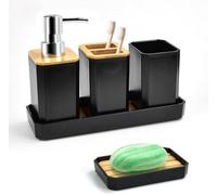 Ensemble de salle de bain en bambou, 5 pièces, noir, avec porte-brosses à dents et distributeur de savon