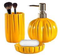 Ensemble de salle de bain en céramique, 3 pièces, décor citrouille, couleur jaune : porte-brosses à dents, distributeur de savon, récipient à savon