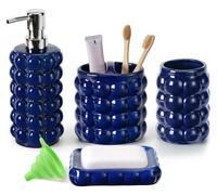 Ensemble de salle de bain en céramique, 4 pièces, bleu foncé, comprenant un distributeur de savon, un support pour brosses à dents, un gobelet et un porte-savon