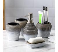 Ensemble de salle de bain en céramique Ibenzoa® 5 pièces, couleur gris vintage : distributeur de savon 400 ml, 2 verres, porte-savon et porte-brosses à dents
