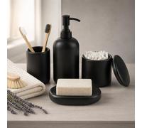 Ensemble de salle de bain en céramique noir, comprenant 4 pièces : distributeur de savon, porte-brosses à dents, porte-savon et pot à cotons-tiges