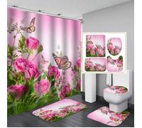 Ensemble de Salle de Bain - Luxueux - 4 Pièces - Rideau de Douche 3D - Étanche - Roses avec Papillons