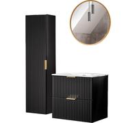 Ensemble De Salle De Bain Noir Mat Avec Lavabo 60 Cm, Colonne, Miroir Led