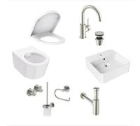 Ensemble de salle de bain pour invités, comprenant : WC suspendu, meuble-lavabo, robinet et éléments en acier inoxydable (8 pièces)