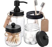 Ensemble de salle de bain rustique, 4 pièces - Porte-savon en verre - 2 petits pots de pharmacie - Porte-brosse à dents - Style rustique pour la salle de bain - Noir
