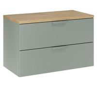 Ensemble de salle de bain suspendu OSTER 80cm : meuble sous vasque à tiroirs vert sauge + plan pour vasque aspect chêne clair