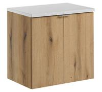 Ensemble de salle de bain suspendu VANO aspect chêne et blanc 60cm : meuble sous vasque à placards + plan pour vasque
