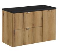 Ensemble de salle de bain suspendu VANO aspect chêne et noir 90cm : meuble sous vasque à tiroirs et placards + plan pour vasque