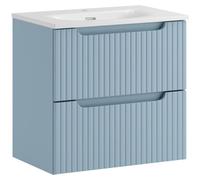 Ensemble de salle de bain suspendu VANO bleu denim 60cm : meuble sous vasque à tiroirs + vasque à encastrer blanche