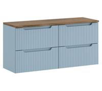 Ensemble de salle de bain suspendu VANO bleu denim et chêne 120cm : meubles sous vasque à tiroirs + plan pour vasque