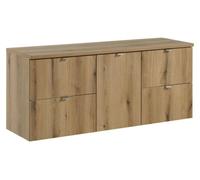 Ensemble de salle de bain VANO aspect chêne 140cm : meubles sous vasque à tiroirs et panier à linge intégré + plan pour vasque