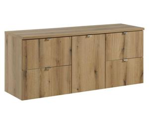 Ensemble de salle de bain VANO aspect chêne 140cm : meubles sous vasque à tiroirs et panier à linge intégré + plan pour vasque