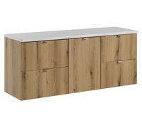 Ensemble de salle de bain VANO aspect chêne et blanc 140cm : meubles sous vasque à tiroirs et panier à linge + plan pour vasque