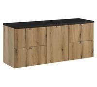 Ensemble de salle de bain VANO aspect chêne et noir 140cm : meubles sous vasque à tiroirs et panier à linge + plan pour vasque