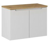 Ensemble de salle de bain VANO blanc 80cm : meuble sous vasque à placards rainuré + plan pour vasque aspect chêne clair