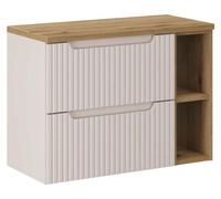 Ensemble de salle de bain VANO cachemire et chêne 80cm : meuble sous vasque à tiroirs avec niches visibles + plan pour vasque
