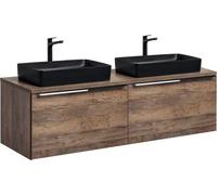 Ensemble de salle de bain VANTA chêne : meubles sous vasque 160cm + plan vasque + 2 vasques noires à poser