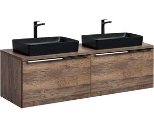 Ensemble de salle de bain VANTA chêne : meubles sous vasque 160cm + plan vasque + 2 vasques noires à poser