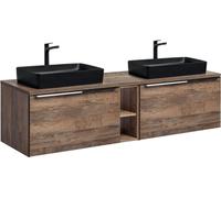 Ensemble de salle de bain VANTA chêne : meubles sous vasque 180cm + plan vasque + 2 vasques noires à poser