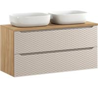 Ensemble de salle de bain YOKA beige : meuble sous vasque à tiroirs 120 cm + plan pour vasque + 2 vasques à poser