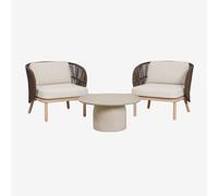 Ensemble de salon avec 2 fauteuils en corde tressée Capri et table basse ronde Ø75 cm en ciment Layana Marron Chocolat