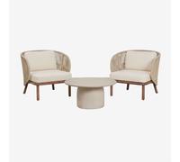 Ensemble de salon avec 2 fauteuils en corde tressée Capri et table basse ronde Ø75 cm en ciment Layana Beige Crème