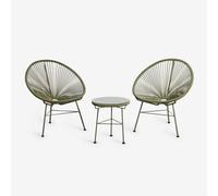 Ensemble de salon avec 2 fauteuils et table d'appoint en acier et rotin synthétique New Acapulco Vert Olive Intense