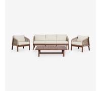 Ensemble de salon avec canapé 3 places, 2 fauteuils et table basse en bois d'acacia Dubai Brun Acacia foncé