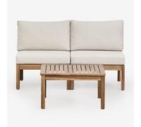 Ensemble de salon avec canapé modulaire 2 pièces et table basse en bois d'acacia Branson Blanc Gardenia - Marron Acacia