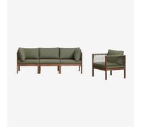 Ensemble de salon avec canapé modulaire 3 pièces avec accoudoirs et fauteuil en bois d'acacia Branson Vert Olive Intense - Marron Acacia Foncé