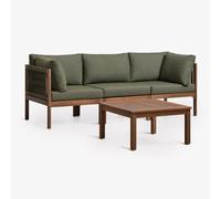 Ensemble de salon avec canapé modulaire 3 pièces avec accoudoirs et table basse en bois d'acacia Branson Vert Olive Intense - Marron Acacia Foncé