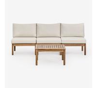 Ensemble de salon avec canapé modulaire 3 pièces et table basse en bois d'acacia Branson Blanc Gardenia - Marron Acacia