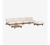 Ensemble de salon avec canapé modulaire inclinable 4 pièces, table basse et pouf en bois d'acacia Brina Beige Crème