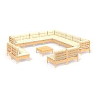 Ensemble de salon de jardin 14 pièces vidaXL avec coussins crème, en bois de pin massif