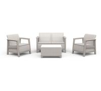 Ensemble de salon de jardin 4 pièces : canapé, deux fauteuils et table basse avec rangement, de la gamme Keter Scandi, effet jute, couleur beige clair