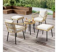 Ensemble de salon de jardin 5 pièces, coin salon en rotin, mobilier de terrasse pour 2 à 4 personnes, comprenant une table à manger, des chaises et un tabouret, structure en fer, résistant aux intempé