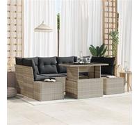 Ensemble de salon de jardin 7 pièces avec coussins Gris clair en poly rotin